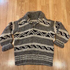 Vintage Cowichan-Style Hand Knit Wool Sweater Men’s M Gray Pattern Shawl Collar